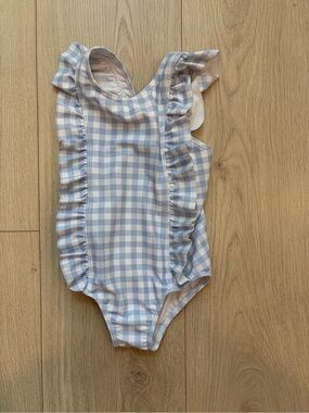 Gingham Ruffle One-Piece Swimsuit in Light Blue and White